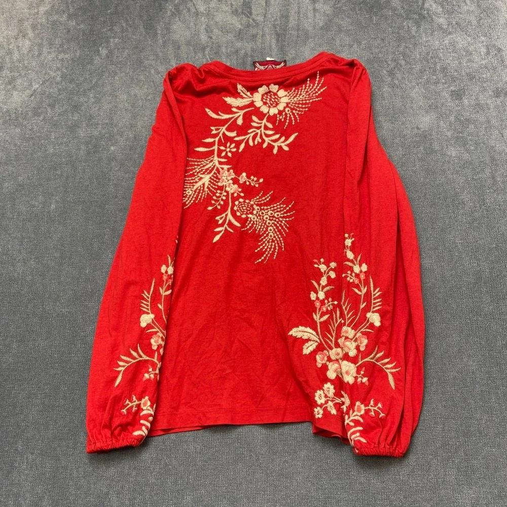 Johnny Was Ellia Top Womens Small Red Puff Sleeve Embroidered Floral Round Neck